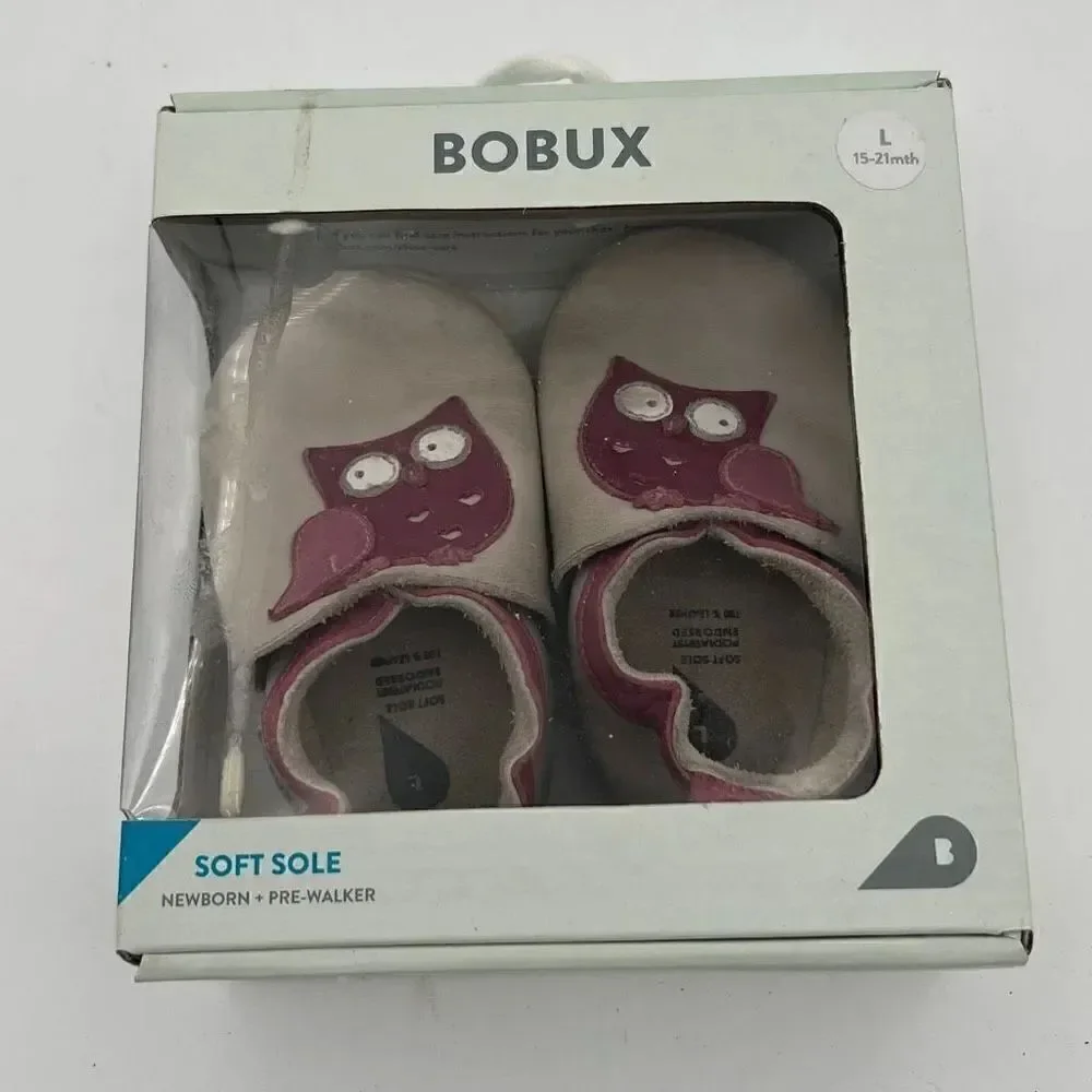 BOBUX Soft Sole Genuine Leather Baby Shoe Newborn Pre-walker 15-21 Mo Milk Owl